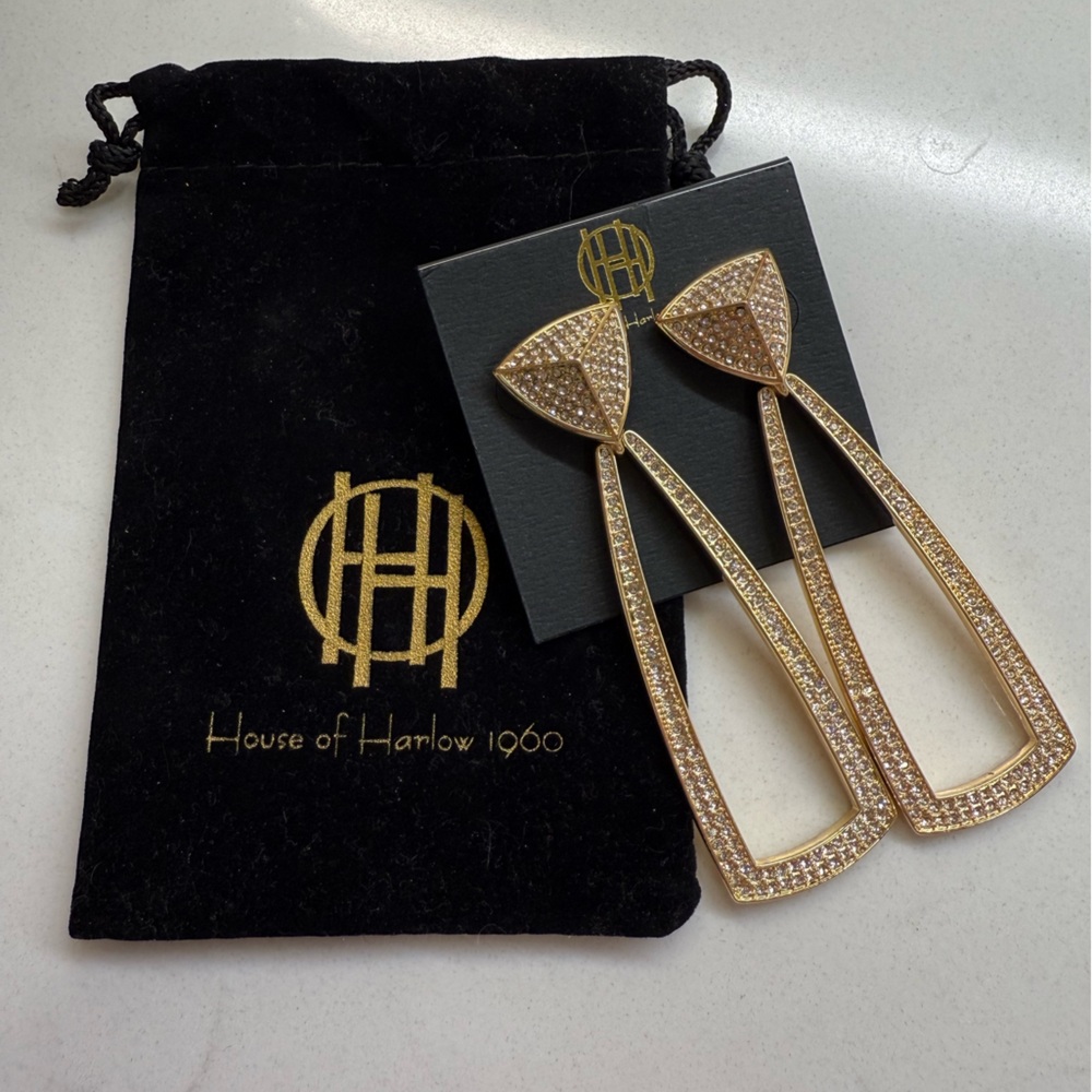 3/$25 New House of Harlow 1960 Gold Pavé Mesa Knocker Pendant 3" Earrings
